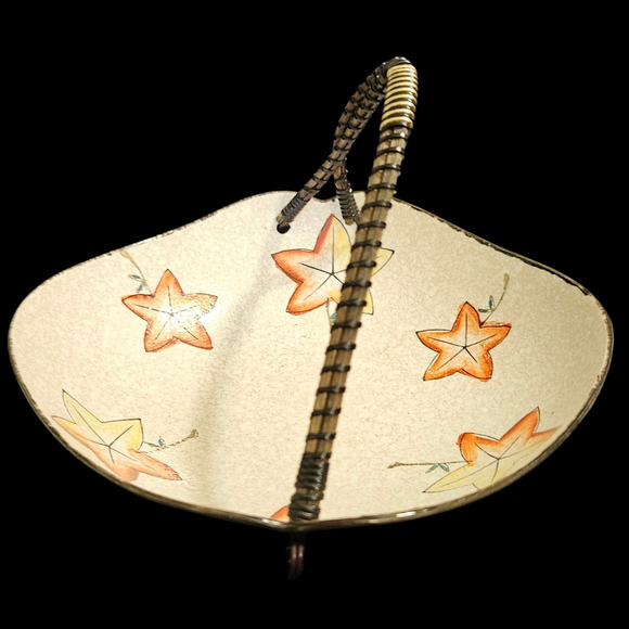 Vintage Hyalyn 6.5" Crackle Glaze Basket Bowl Orange Yellow Leaf Design Handle - Picture 4 of 7